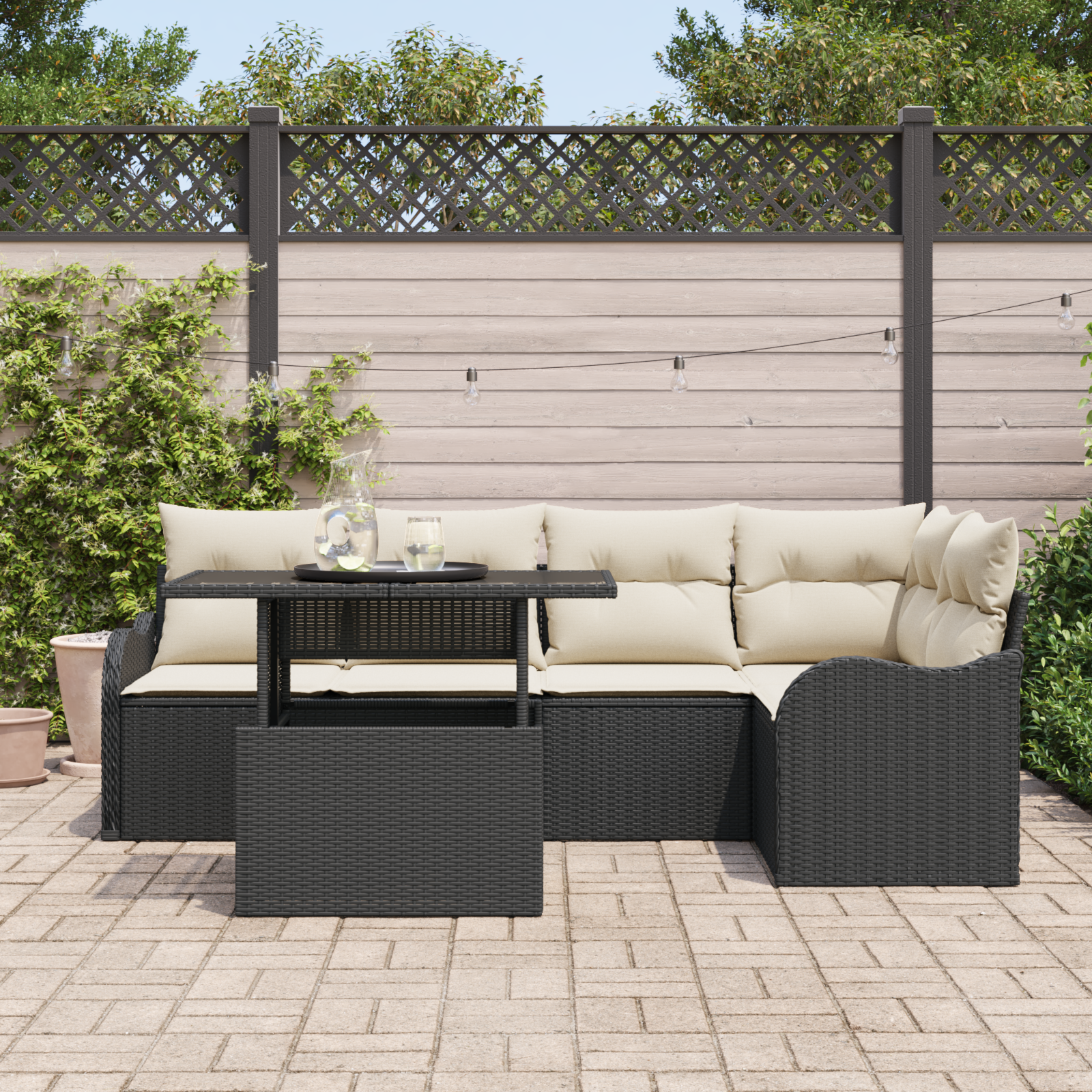 6 dalių sodo sofa komplektas su pagalvėlėmis Juodas poli ratanas