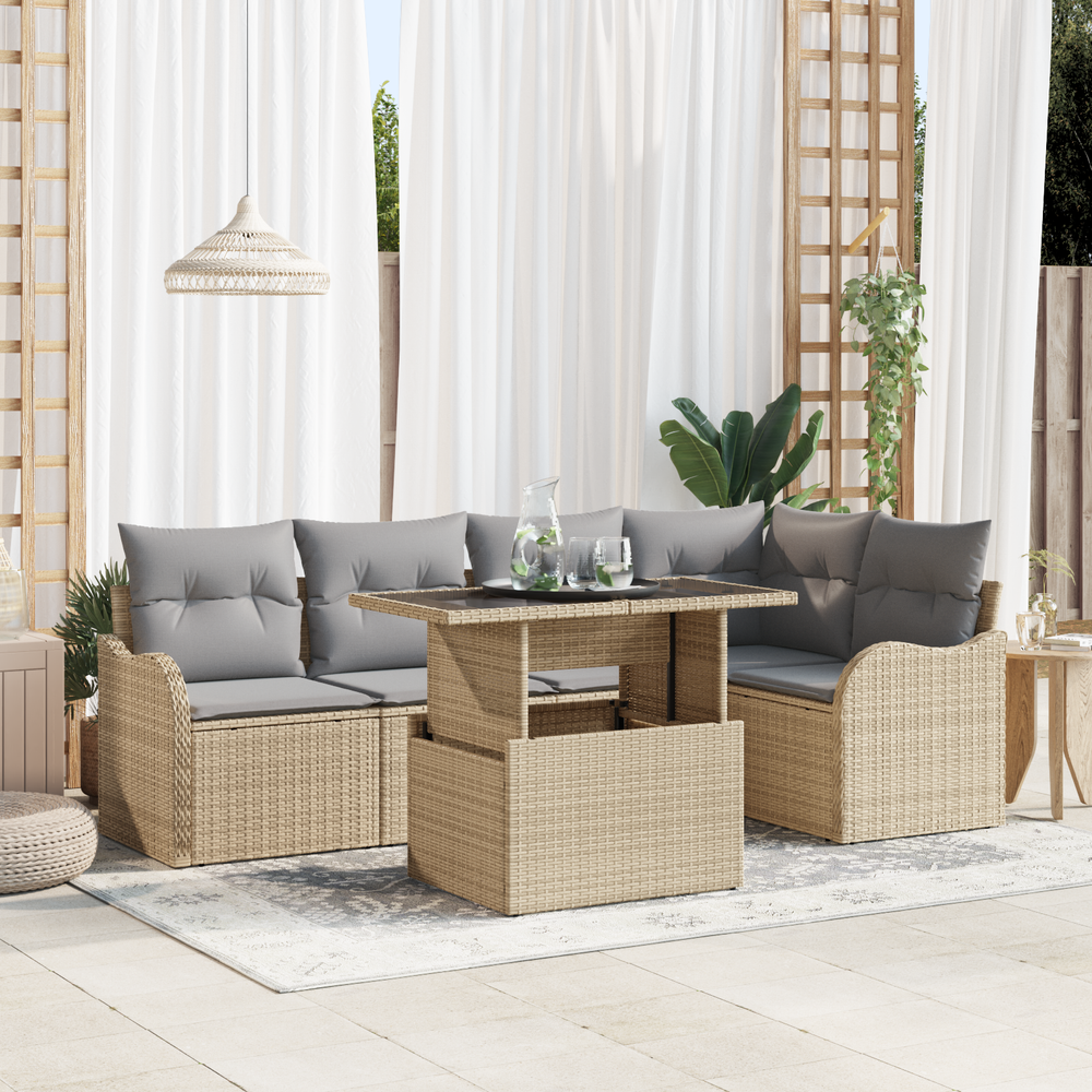 6-Piece Garden Sofa Set with Cushions Sand Poly Rattan