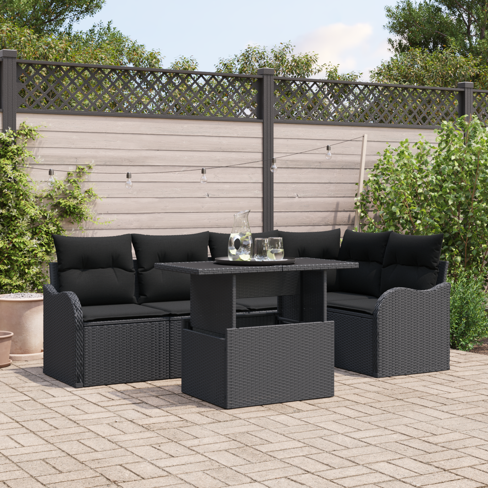 6-Piece Garden Sofa with Cushions Black Poly Rattan