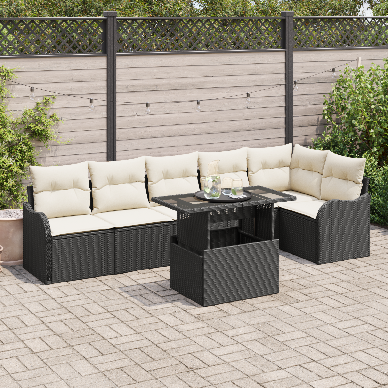 7 Piece Garden Sofa Set with Cushions Black Poly Rattan