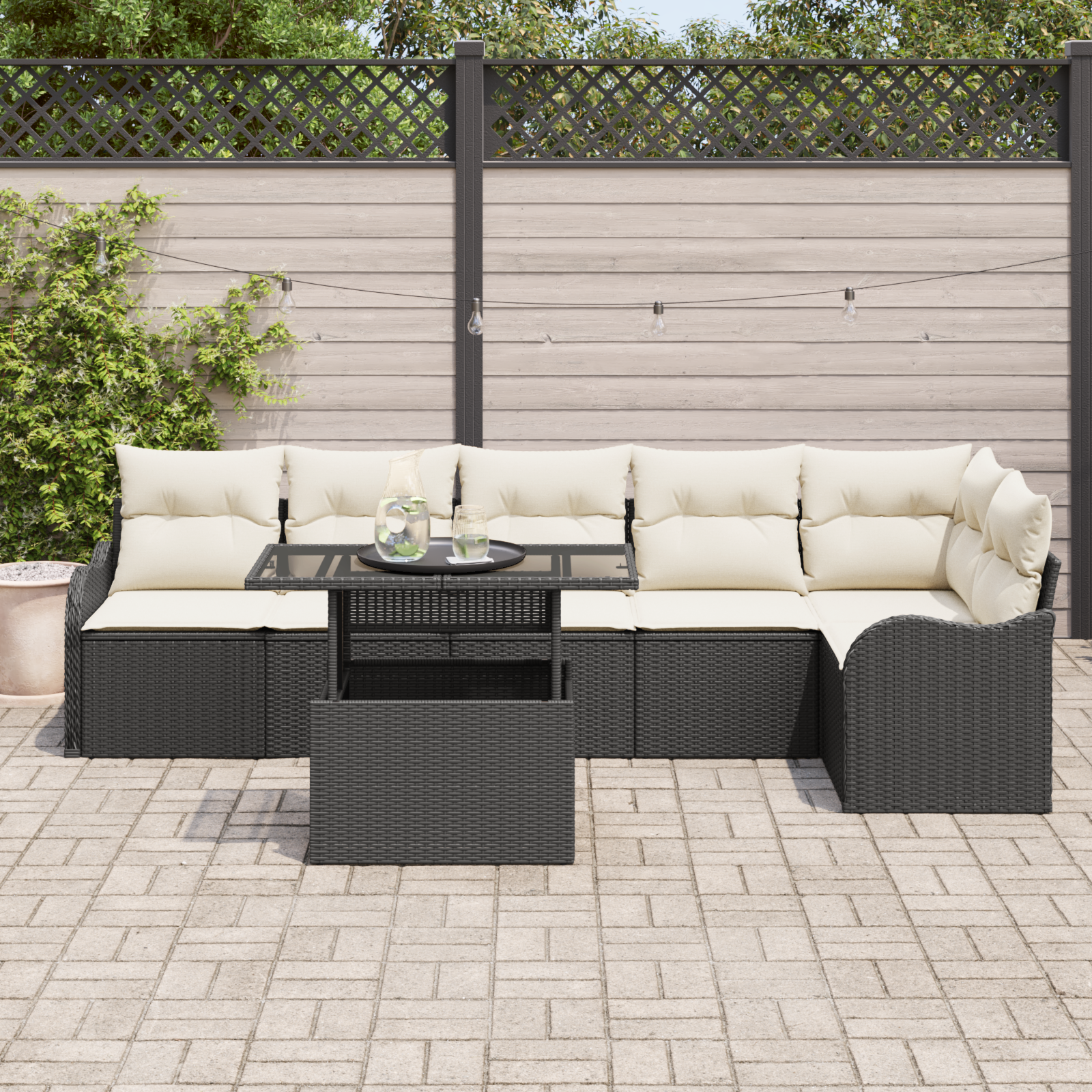 7 Piece Garden Sofa Set with Cushions Black Poly Rattan