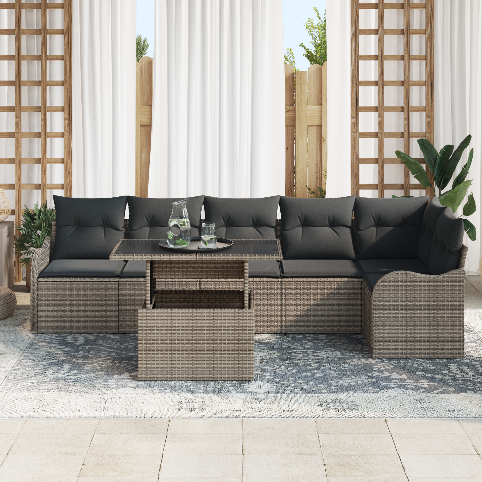 7 dalių sodo sofa komplektas su pagalvėlėmis pilkas poli ratanas