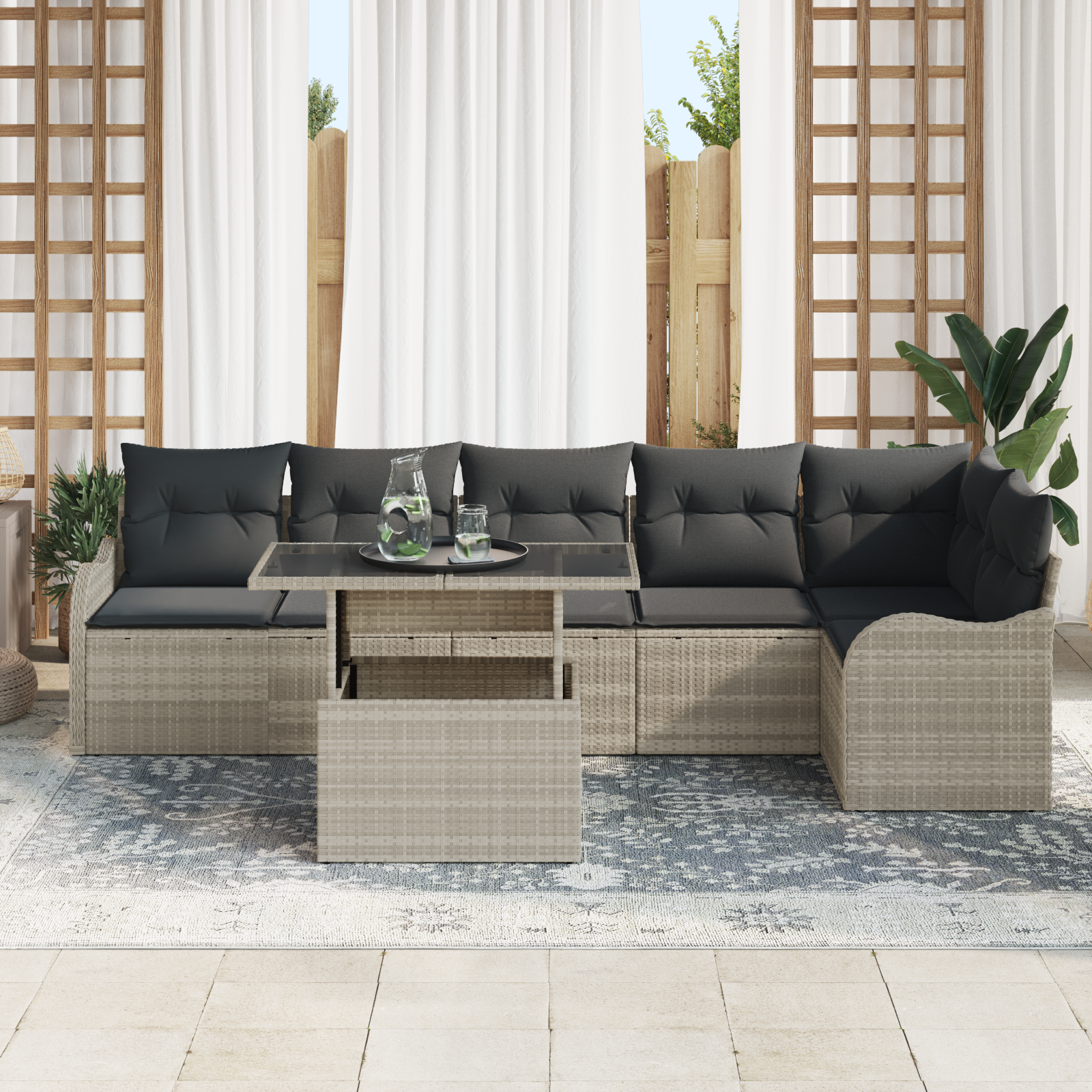 Sodo Sofų Rinkinys su pagalve 7 pcs Šviesiai pilka Poli ratanas