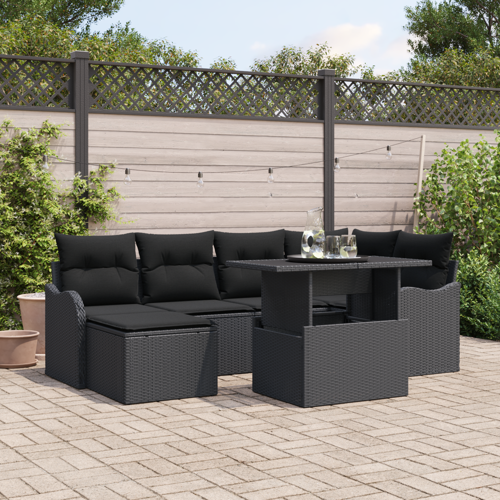 7-Piece Garden Sofa Set with Cushions Black Poly Rattan
