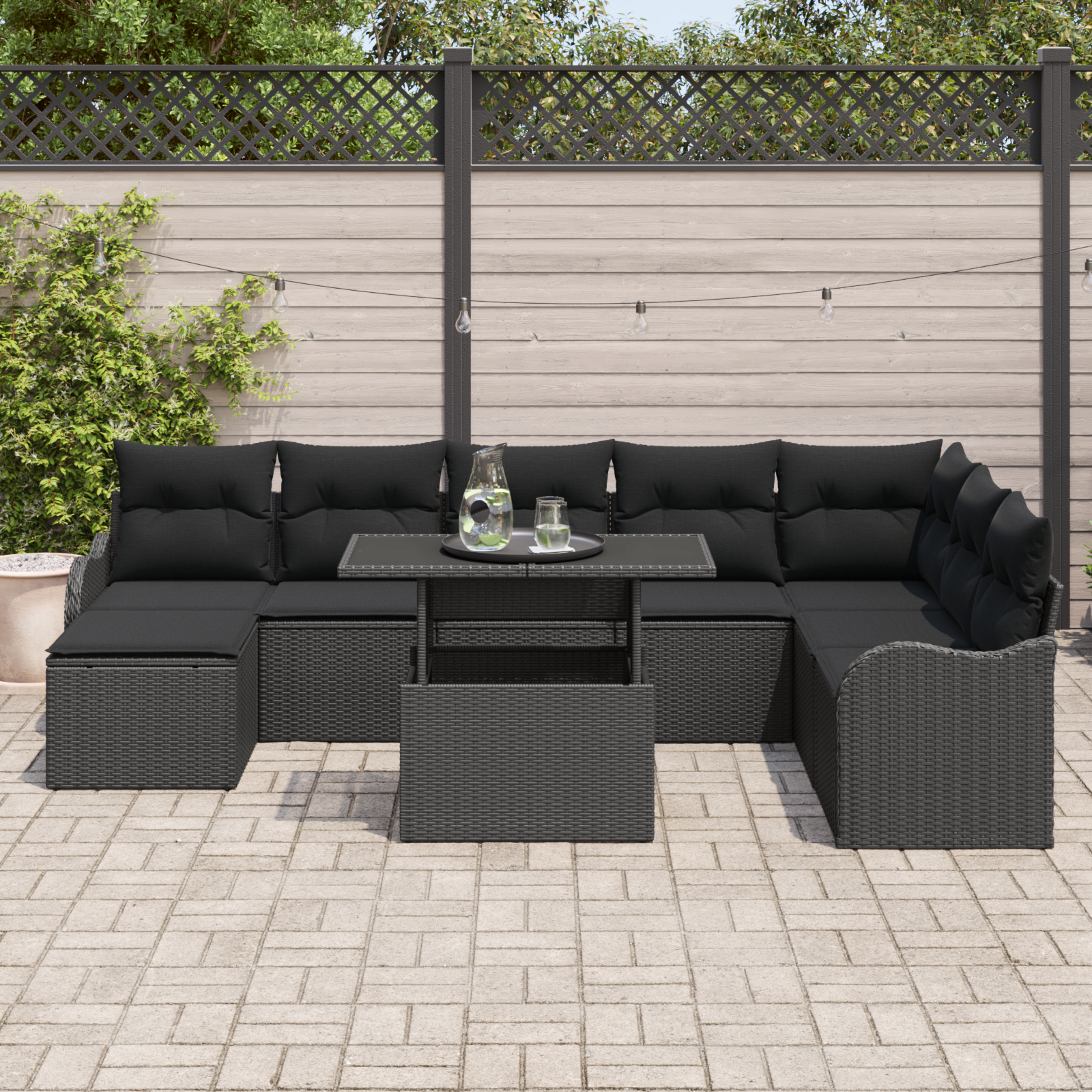 Sodo Sofų Rinkinys su pagalve 9 pcs Juoda Poli ratanas
