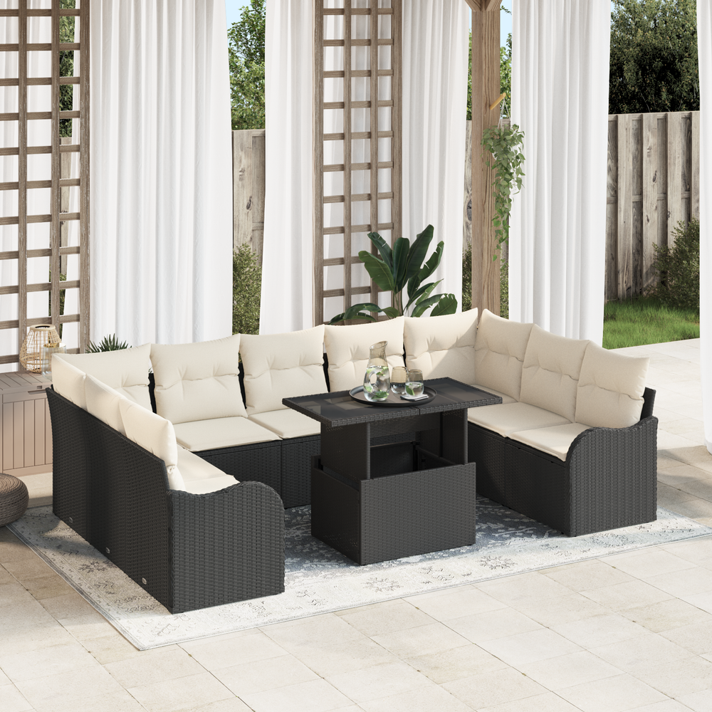 10-Piece Garden Sofa Set with Cushions Black Poly Rattan