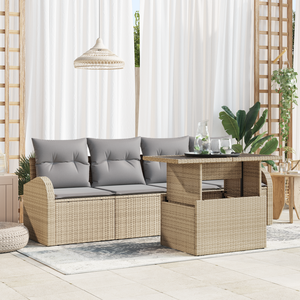 5 Piece Garden Sofa Set with Cushions Sand Polyrattan