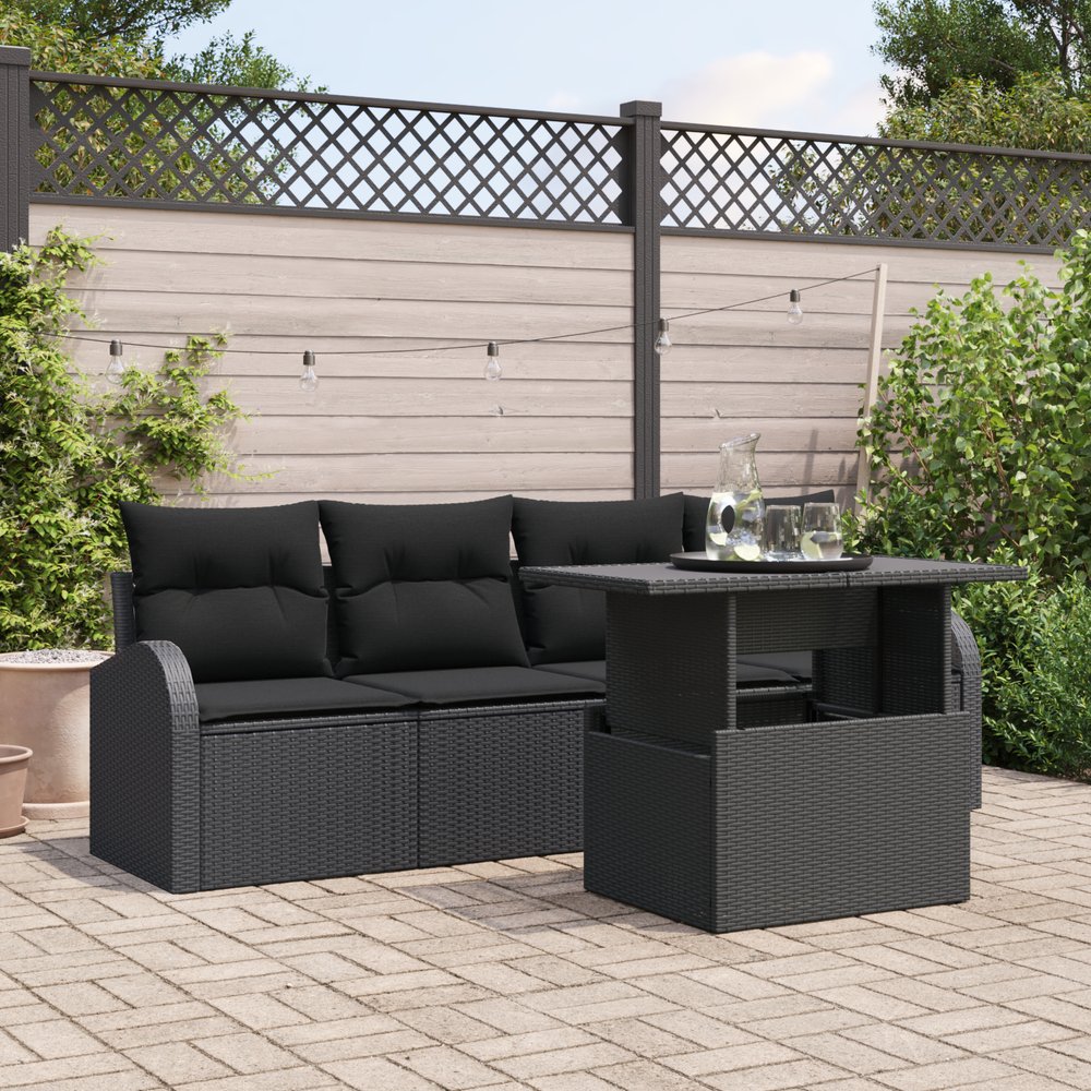 5-Piece Garden Sofa Set with Cushions Black Poly Rattan