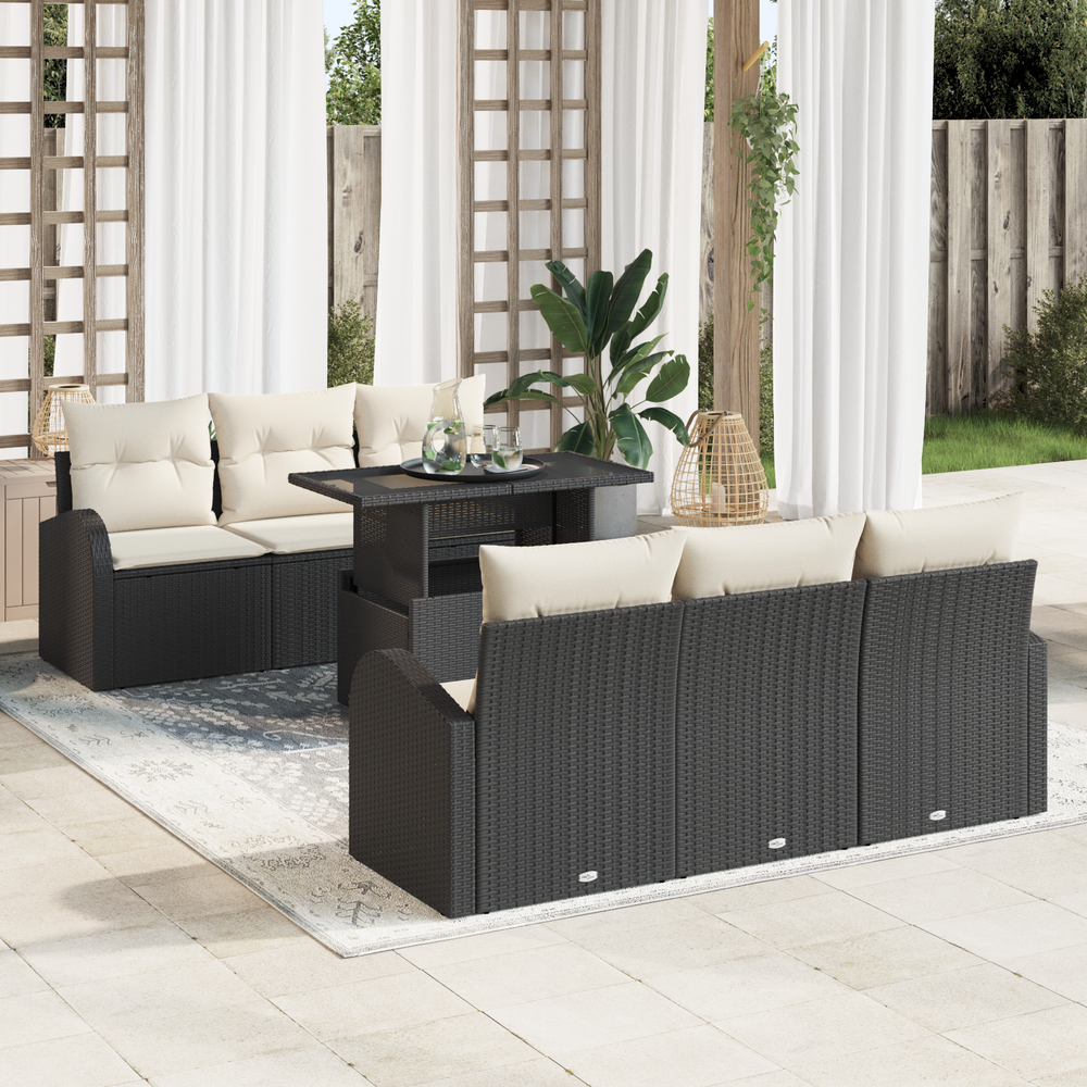 7 Piece Garden Sofa Set with Cushions Black Poly Rattan