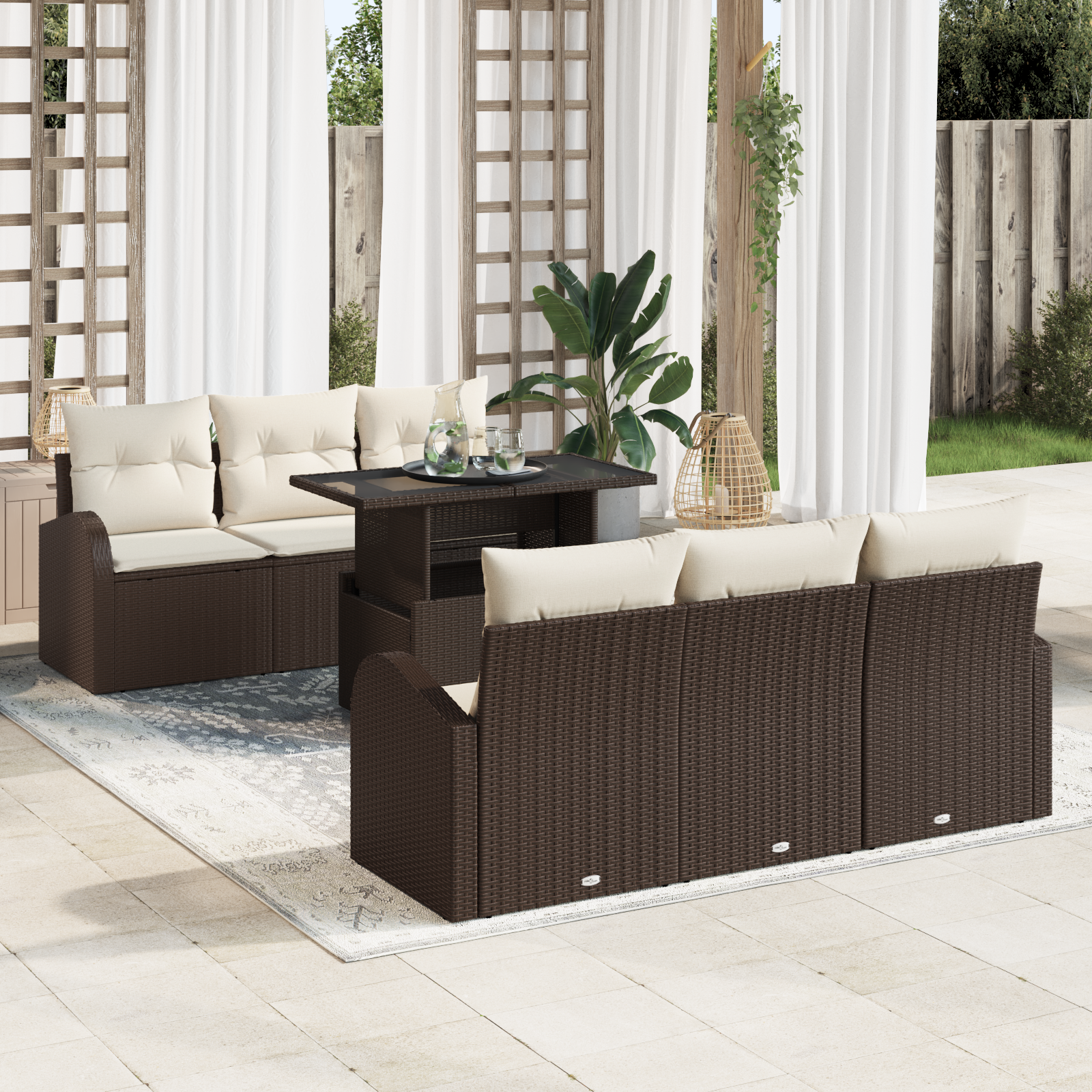 7-piece garden sofa set with cushions Brown poly rattan