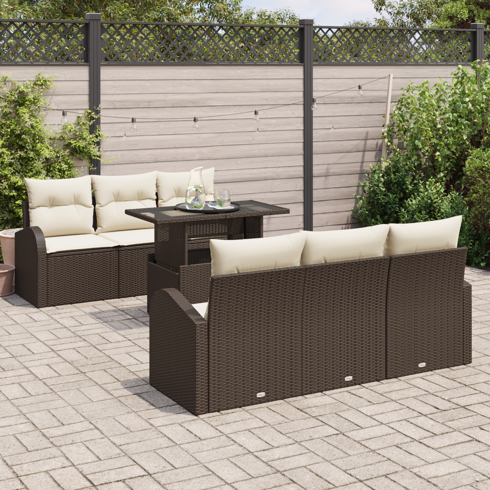 7-piece garden sofa set with cushions Brown poly rattan