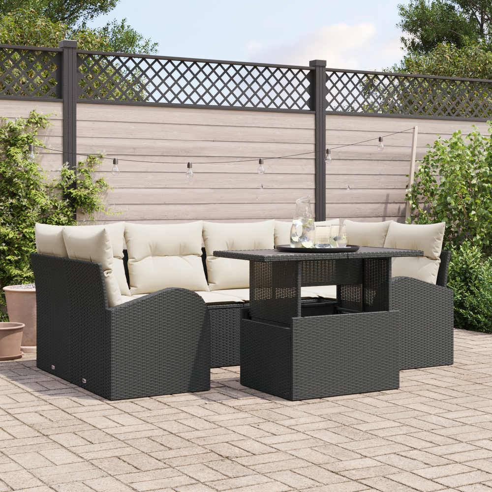 7-piece Garden Sofa Set with Cushions Black Poly Rattan