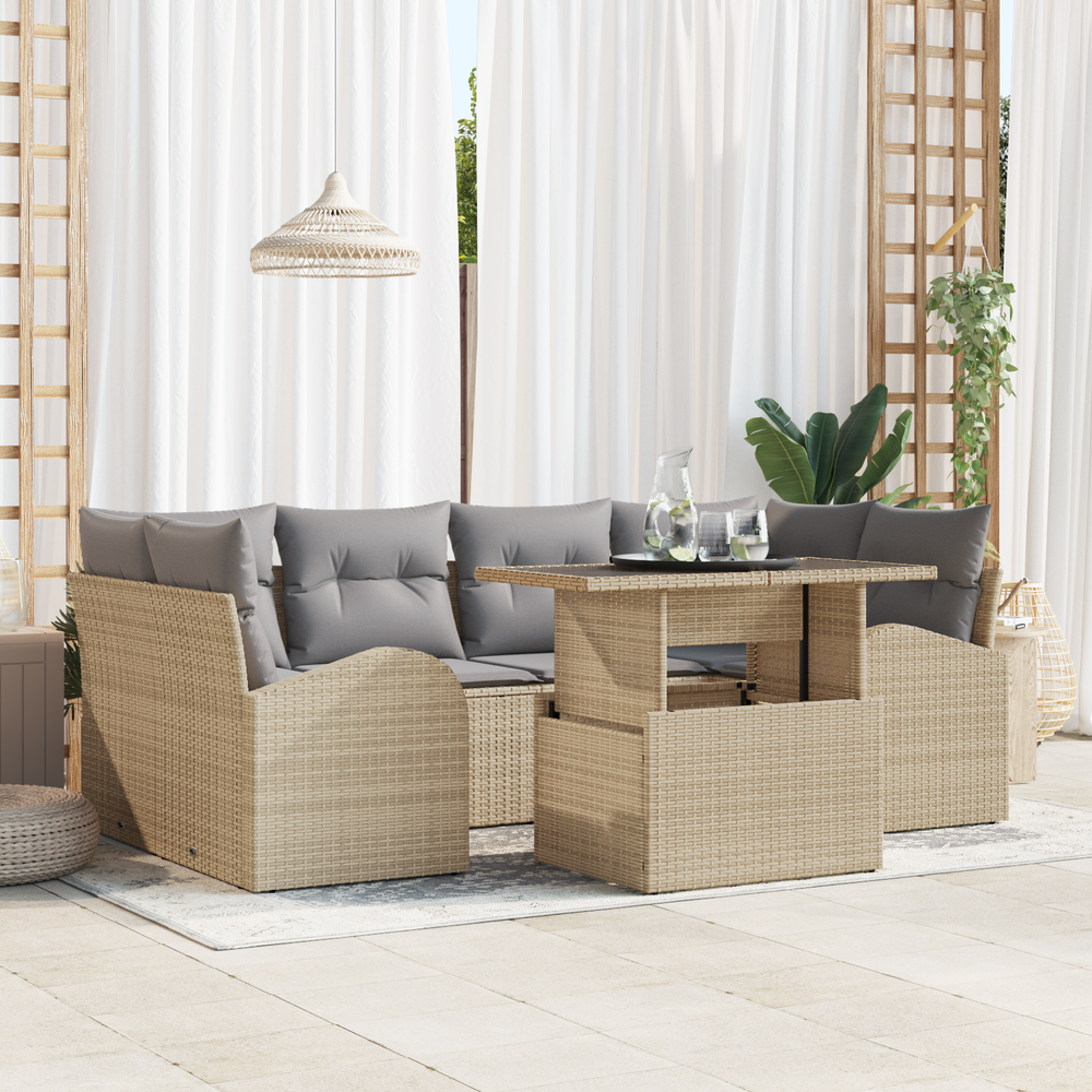7-Piece Garden Sofa Set with Cushions Sand Poly Rattan