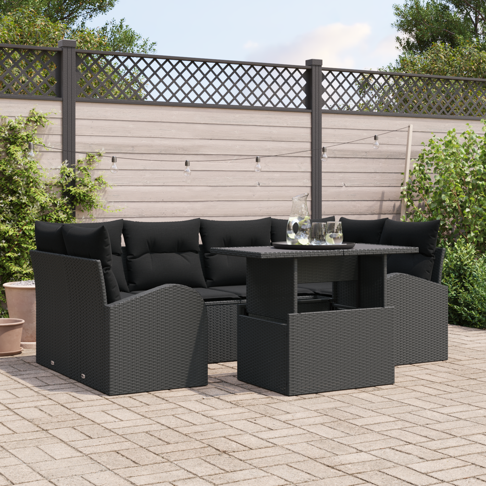 7-Piece Garden Sofa Set with Cushions Black Poly Rattan