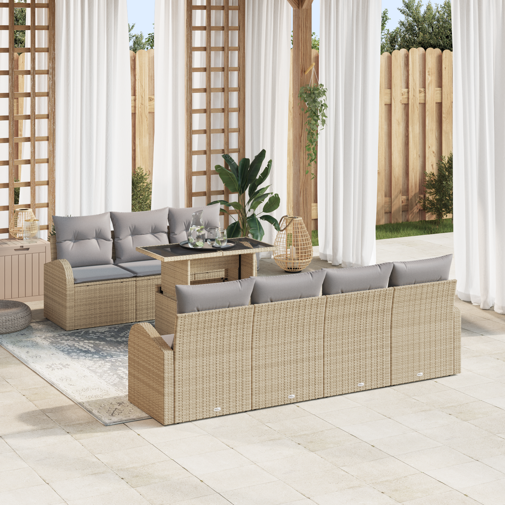 8 Piece Garden Sofa Set with Cushions Sand Poly Rattan