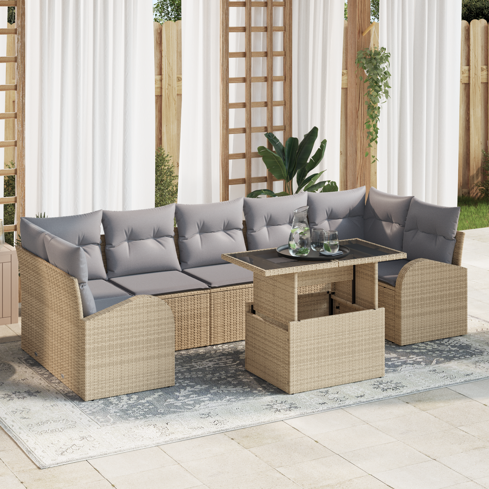 8-Piece Garden Sofa Set with Cushions Sand Poly Rattan