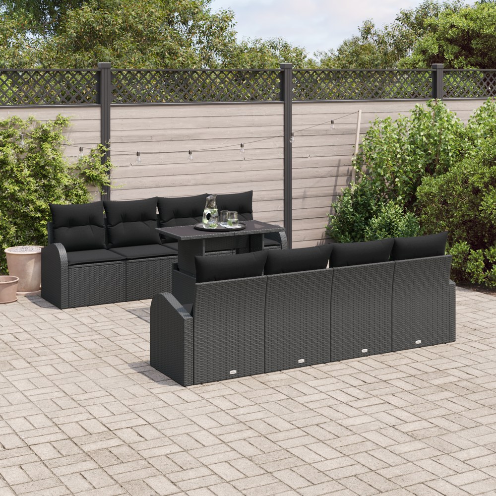 9-Piece Garden Sofa Set with Cushions Black Poly Rattan