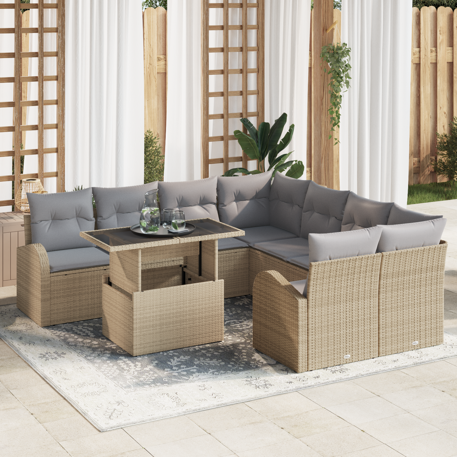 9 dalių sodo sofa komplektas su pagalvėlėmis Smėlio poli ratanas