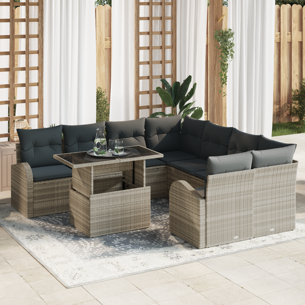 9 Piece Garden Sofa Set with Cushions Light Grey Poly Rattan