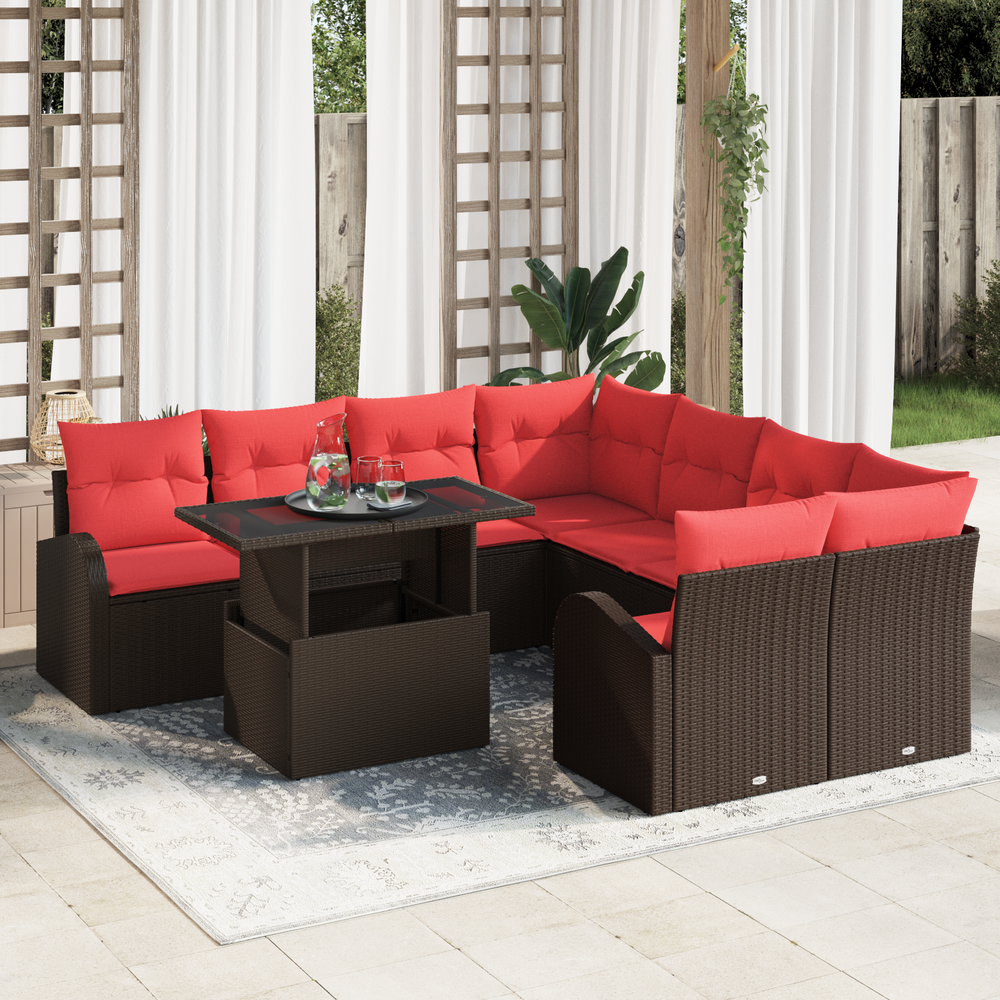 Sodo Sofų Rinkinys su pagalve 9 pcs Ruda Poli ratanas