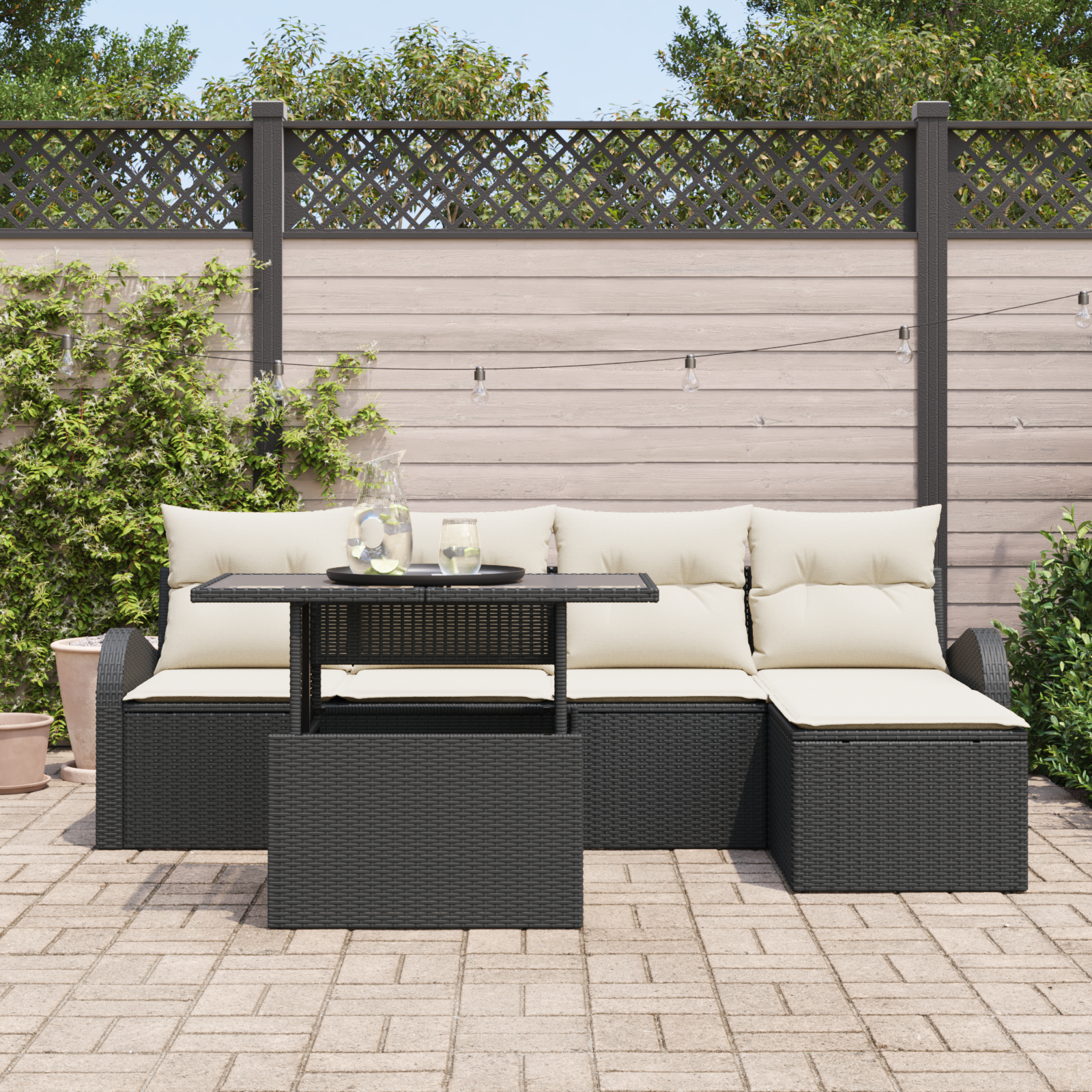 6 dalių sodo sofa komplektas su pagalvėlėmis Juodas Poli Ratanas