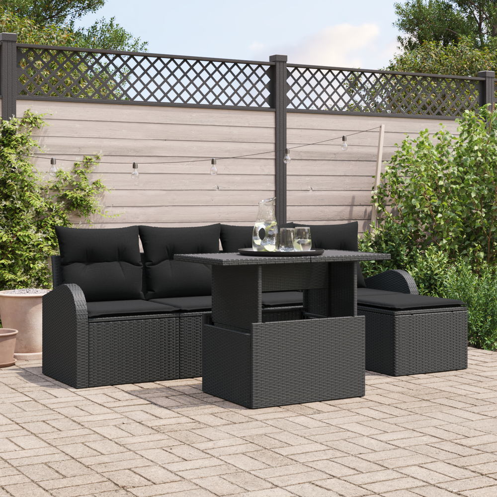6-Piece Garden Sofa Set with Cushions Black Poly Rattan