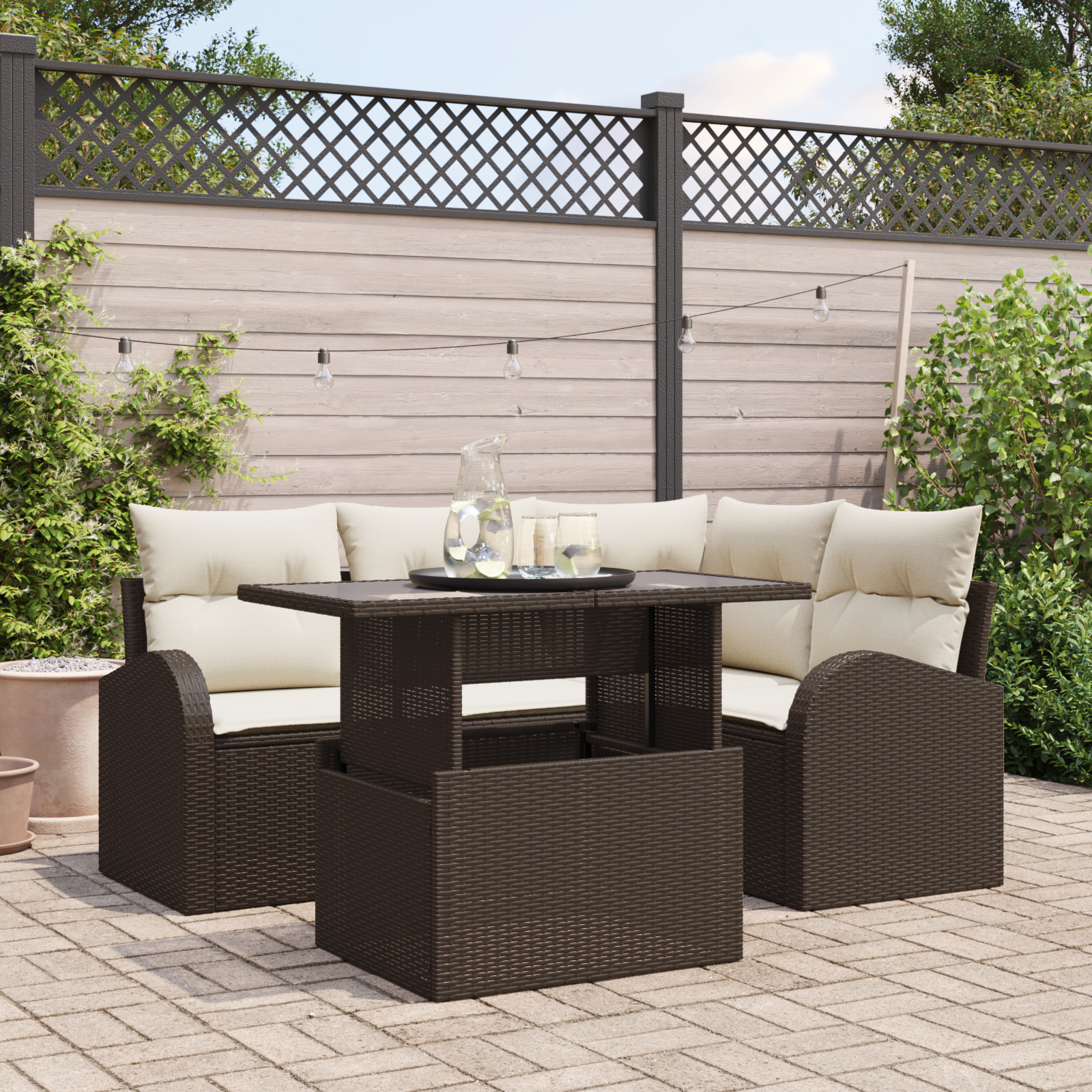 5 Piece Garden Sofa Set with Cushions Brown Poly Rattan