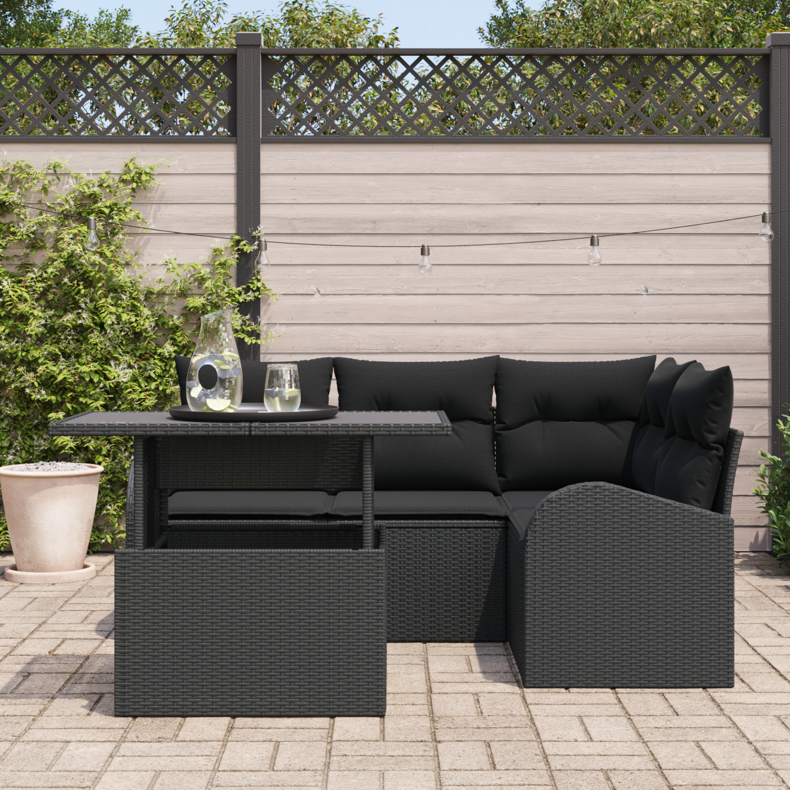 Sodo Sofų Rinkinys su pagalve 5 pcs Juoda Poli ratanas