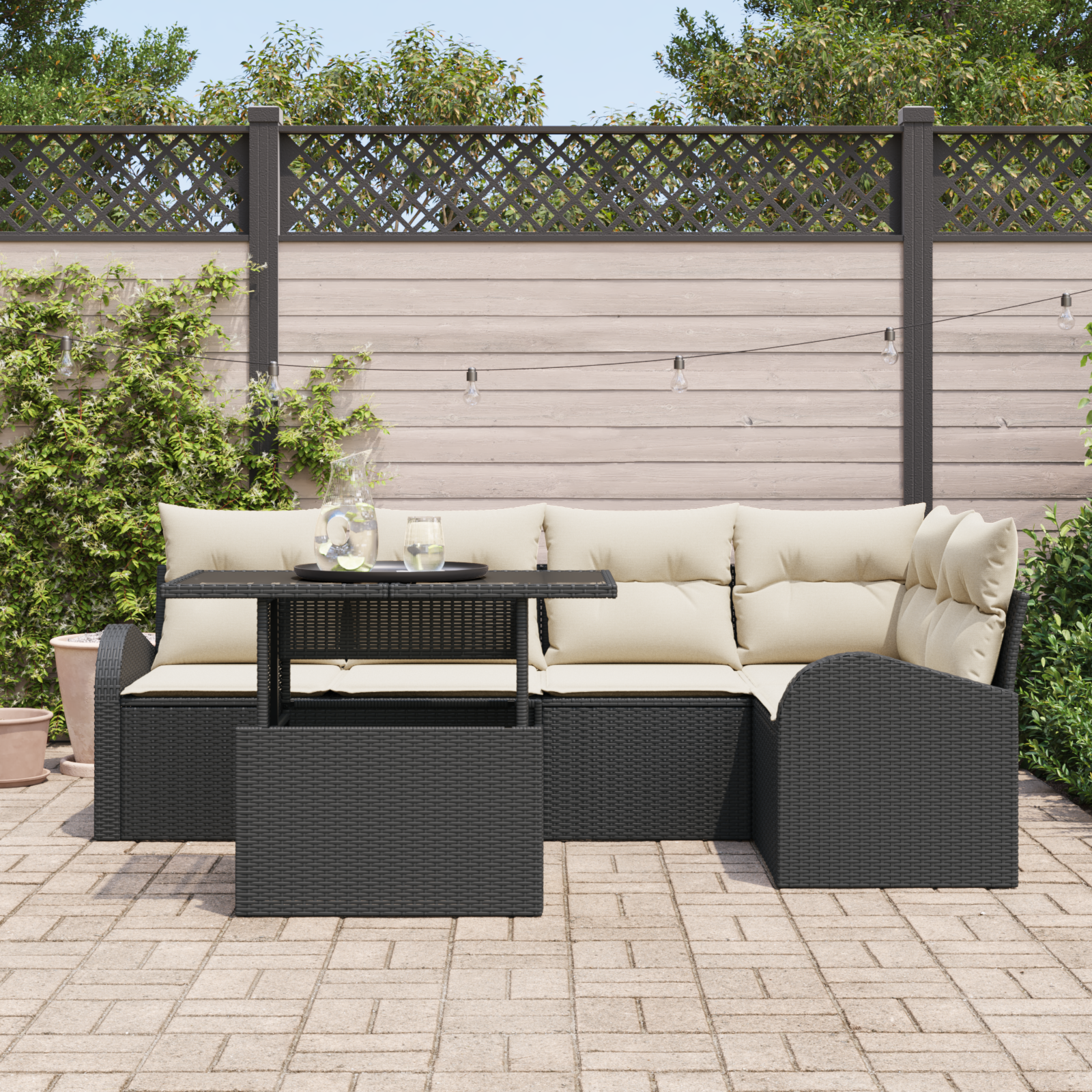 6 dalių sodo sofa rinkinys su pagalvėlėmis Juodas Poli ratanas