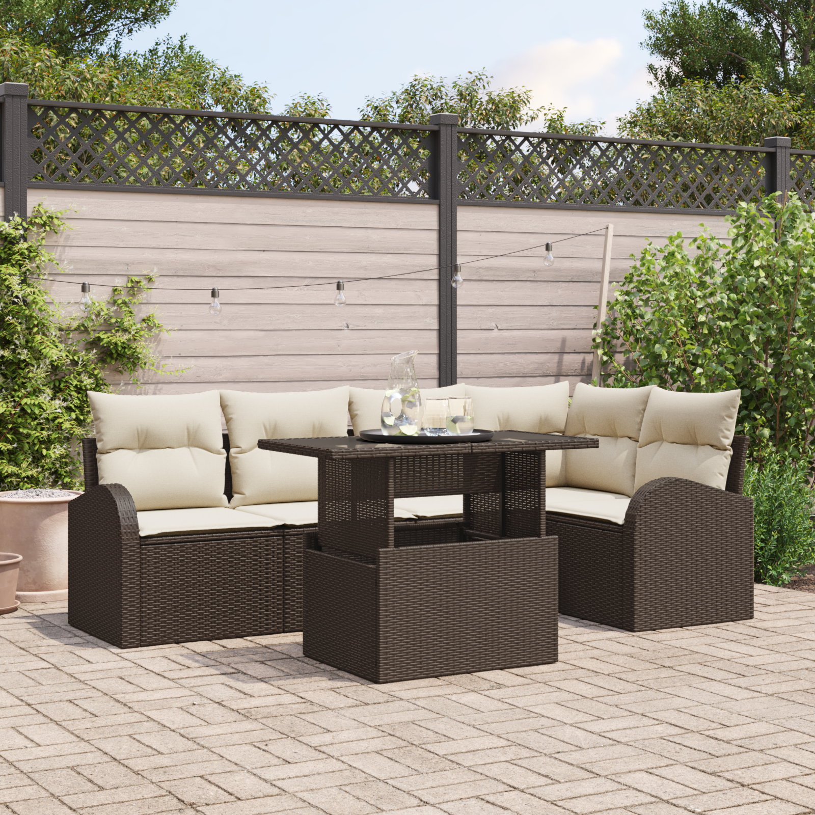 6 Piece Garden Sofa Set with Cushions Brown Poly Rattan