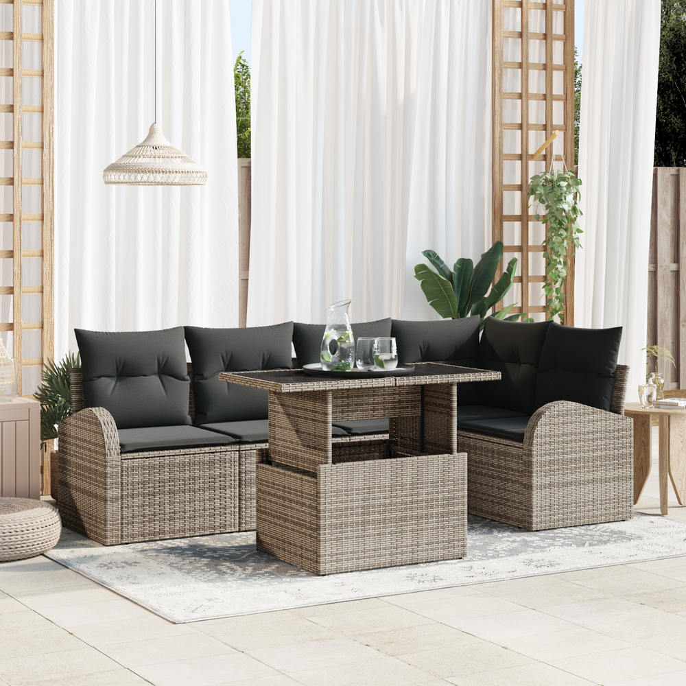 6-Piece Garden Sofa Set with Cushions, Grey Poly Rattan