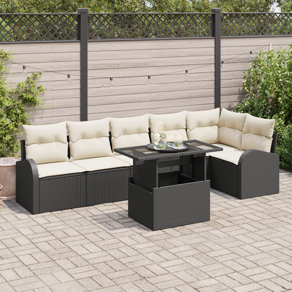7 Piece Garden Sofa Set with Cushions Black Poly Rattan