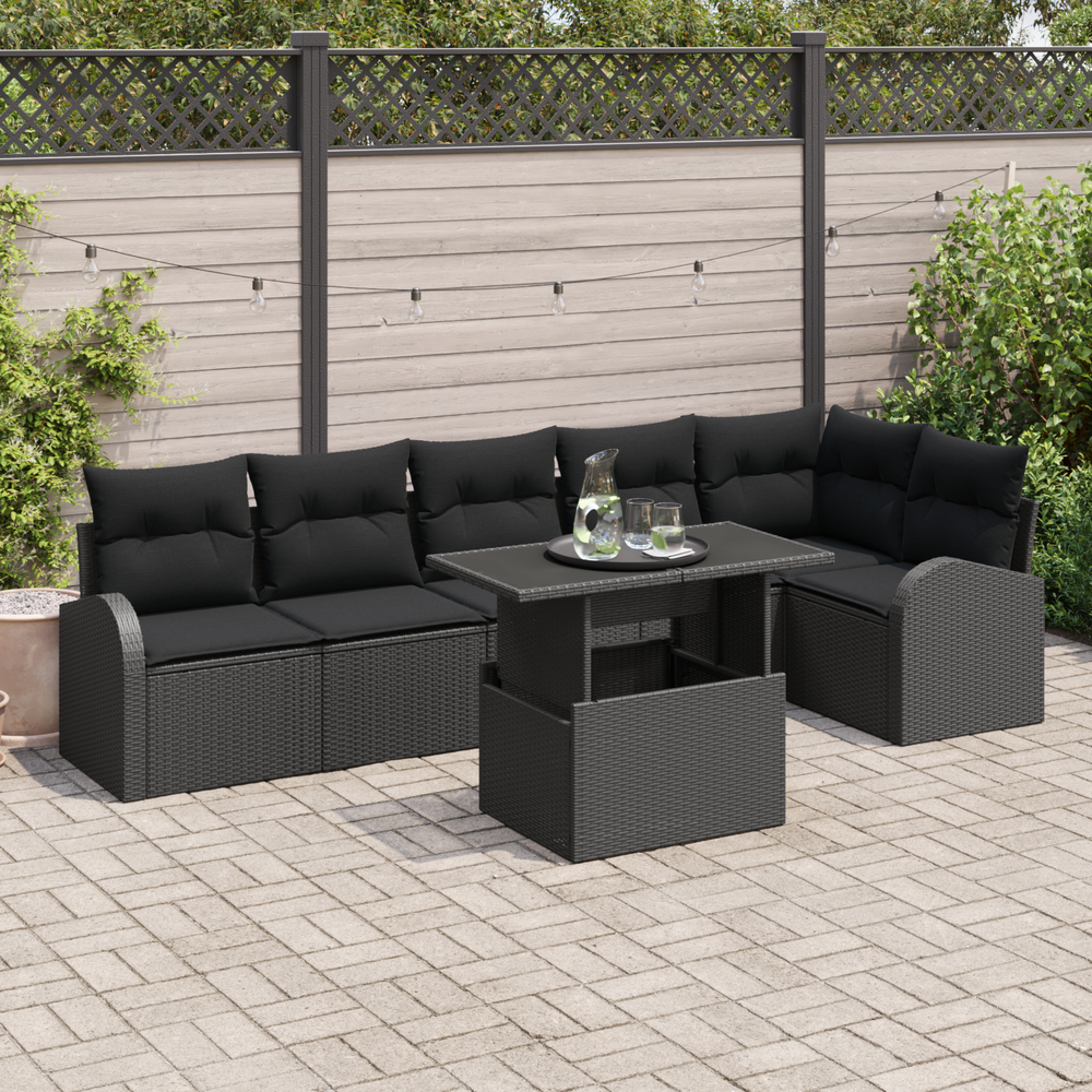 7-piece garden sofa set with cushions in black poly rattan