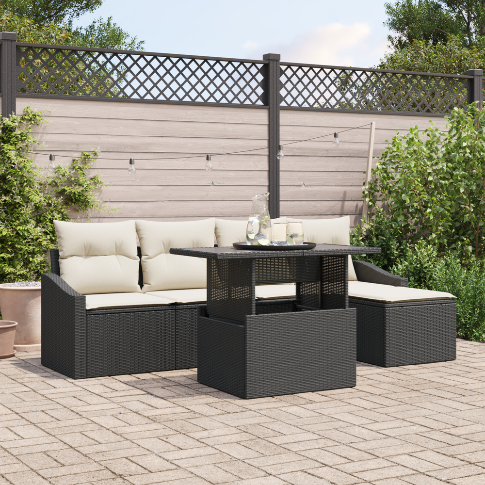 6-Piece Garden Sofa Set with Cushions Black Poly Rattan