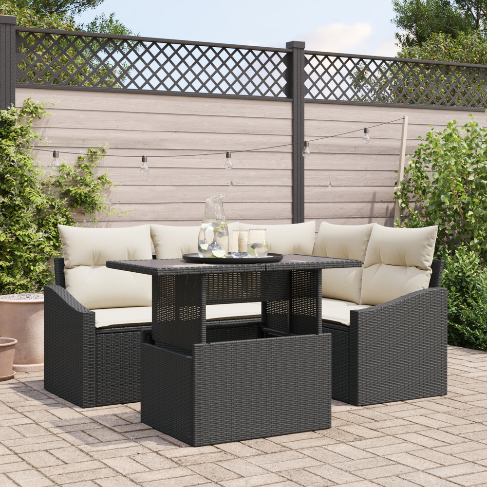 5-piece garden sofa set with cushions black poly rattan