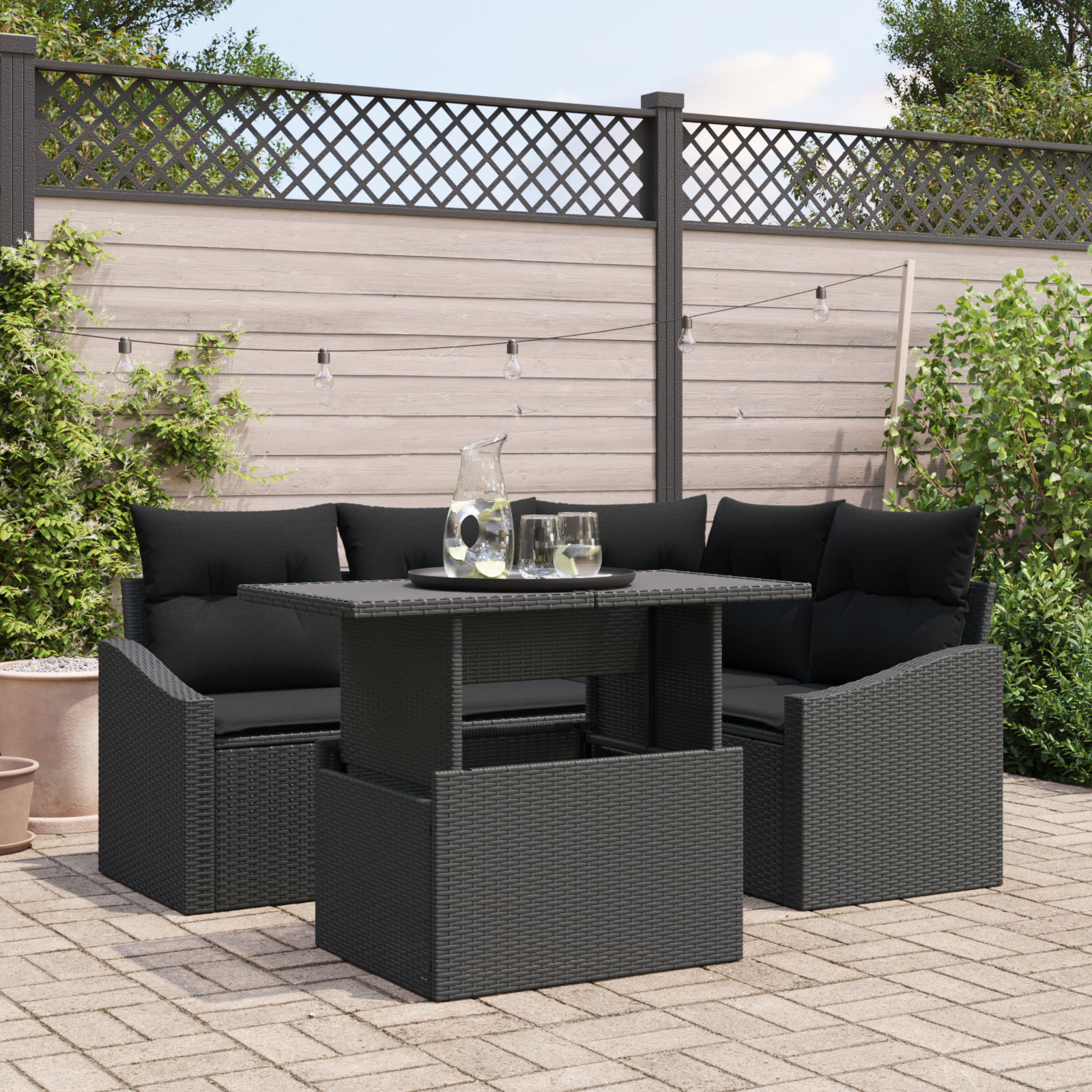Sodo Sofų Rinkinys su pagalve su saugykla 5 pcs Juoda