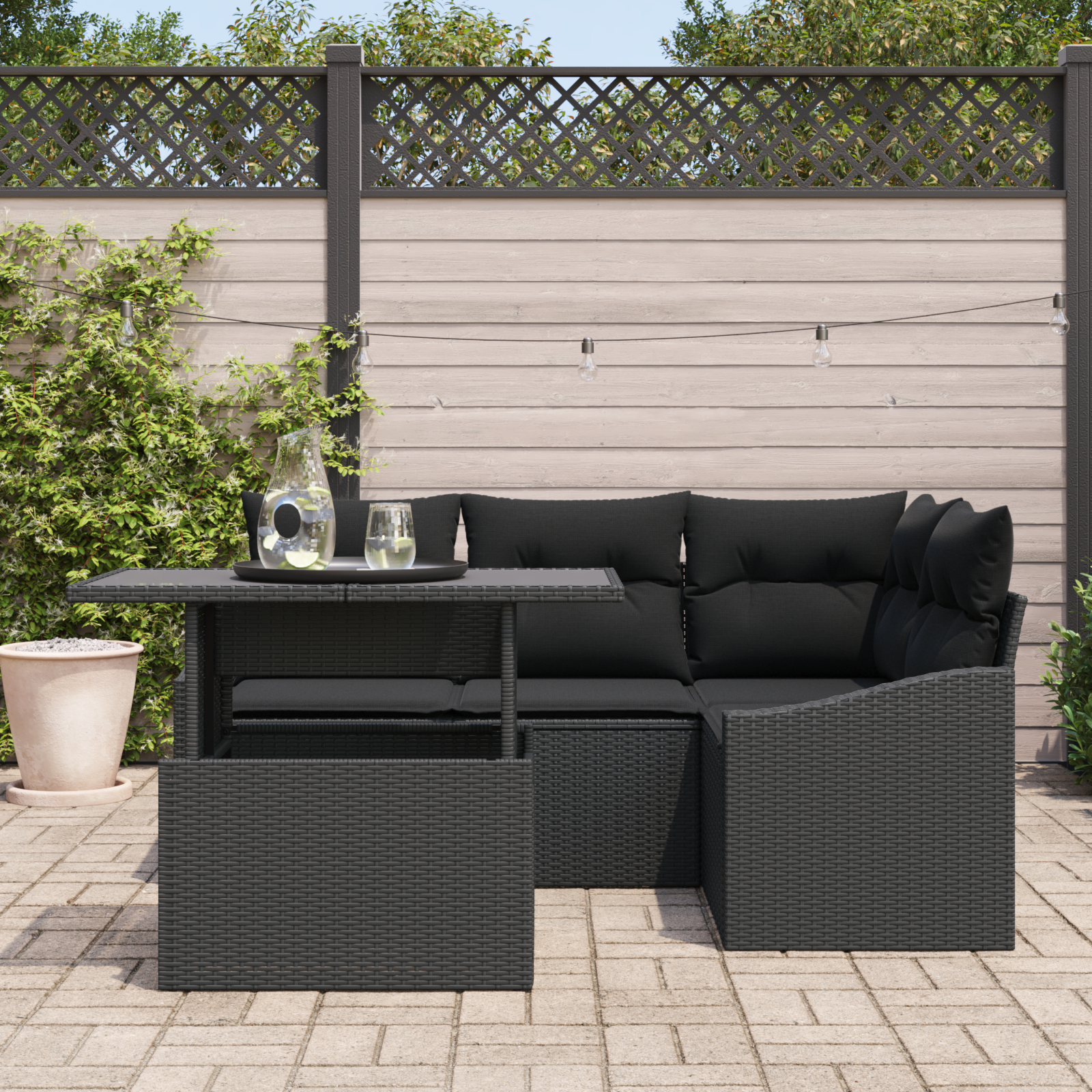 Sodo Sofų Rinkinys su pagalve su saugykla 5 pcs Juoda