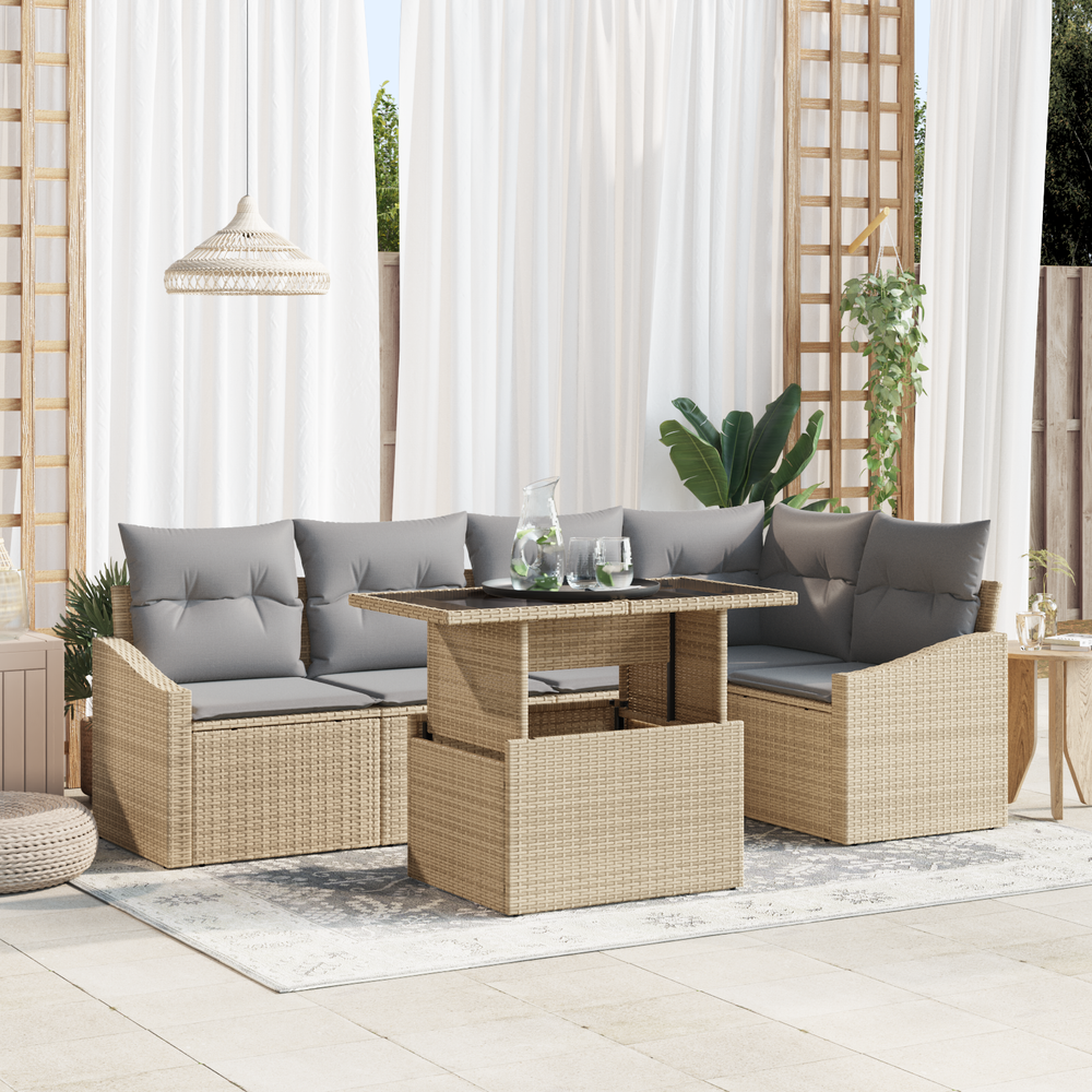 6-Piece Garden Sofa Set with Cushions Beige Poly Rattan