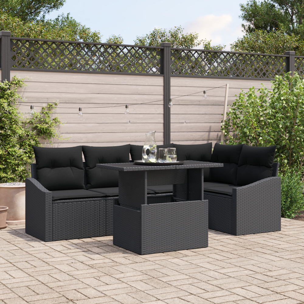 6-piece garden sofa set with cushions black poly rattan