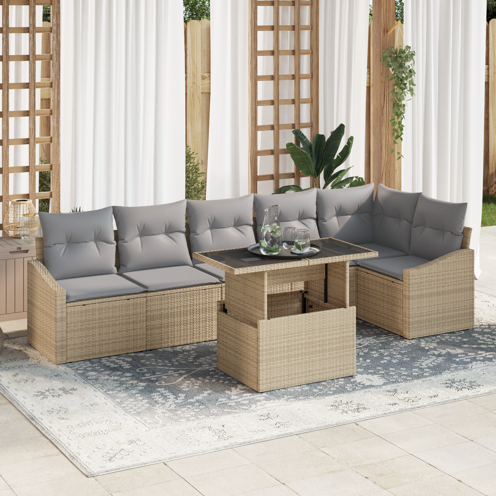 7-piece garden sofa set with cushions sand poly rattan