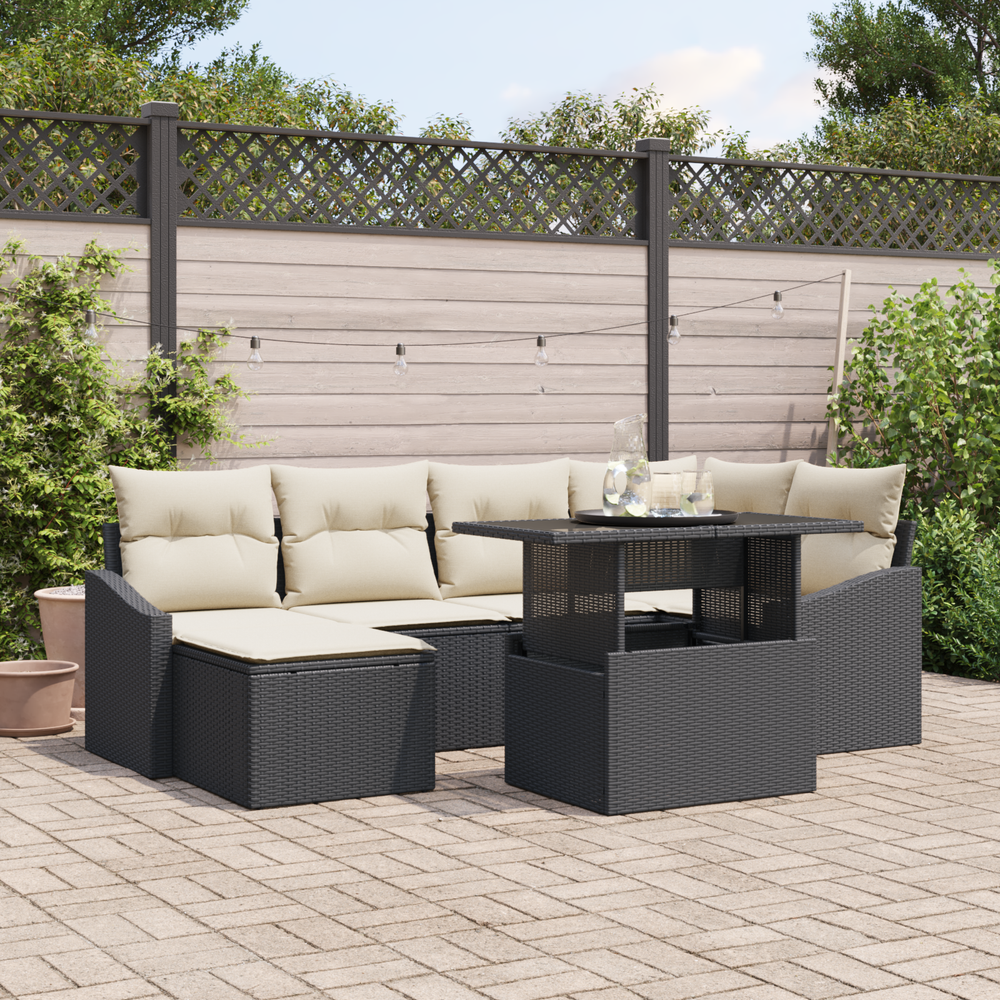 7-piece garden lounge set with cushions black poly rattan