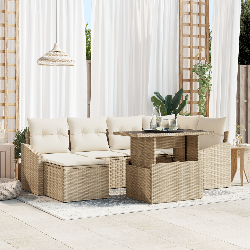 7-Piece Garden Sofa Set with Cushions Beige Poly Rattan