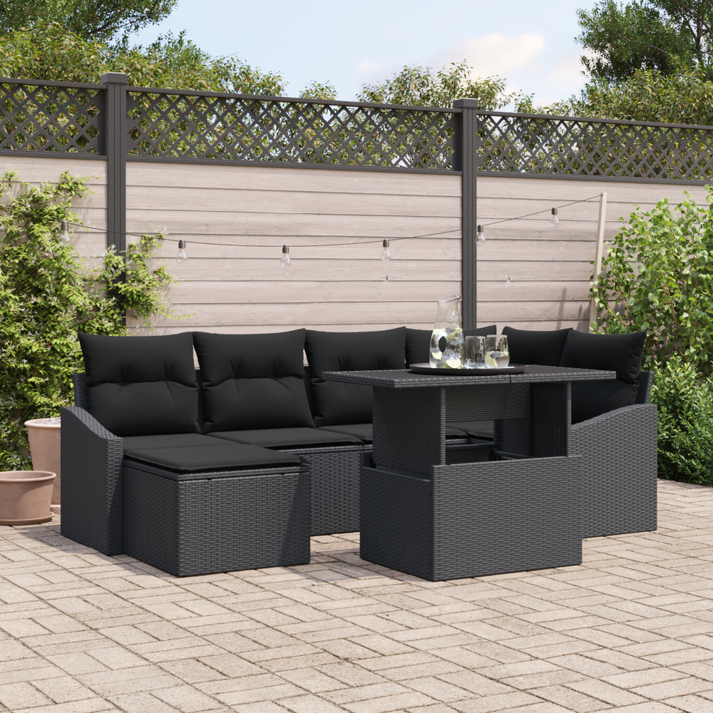 7-piece garden sofa set with cushions black poly rattan