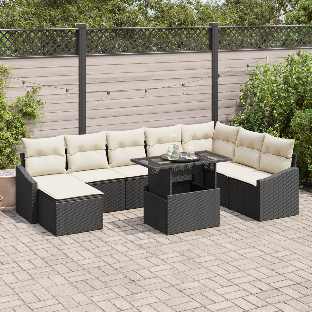 9-piece garden sofa set with cushions black poly rattan