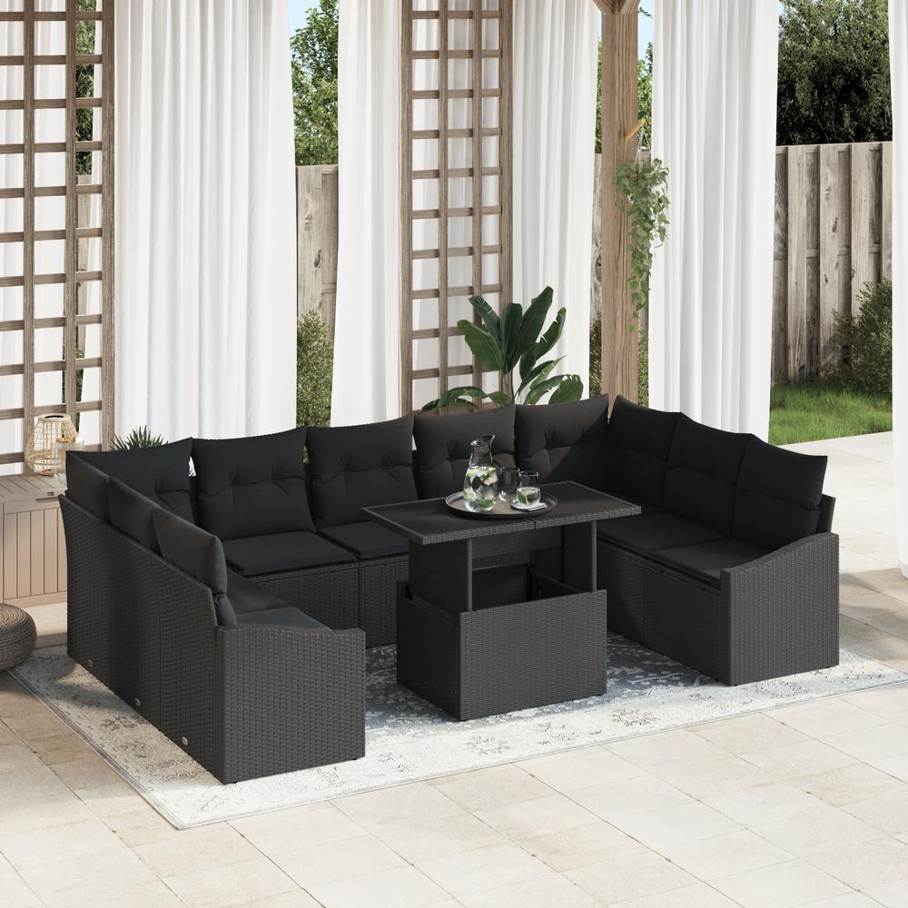 10-piece garden sofa set with cushions black poly rattan