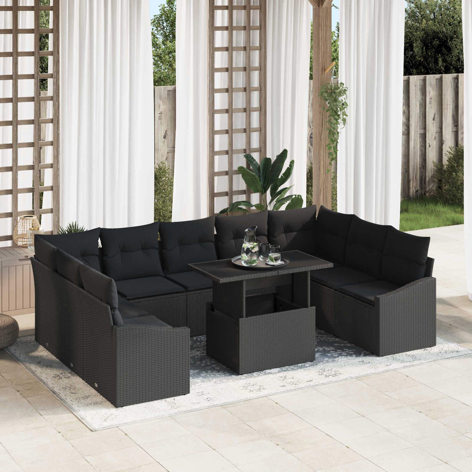 10-piece garden sofa set with cushions black poly rattan