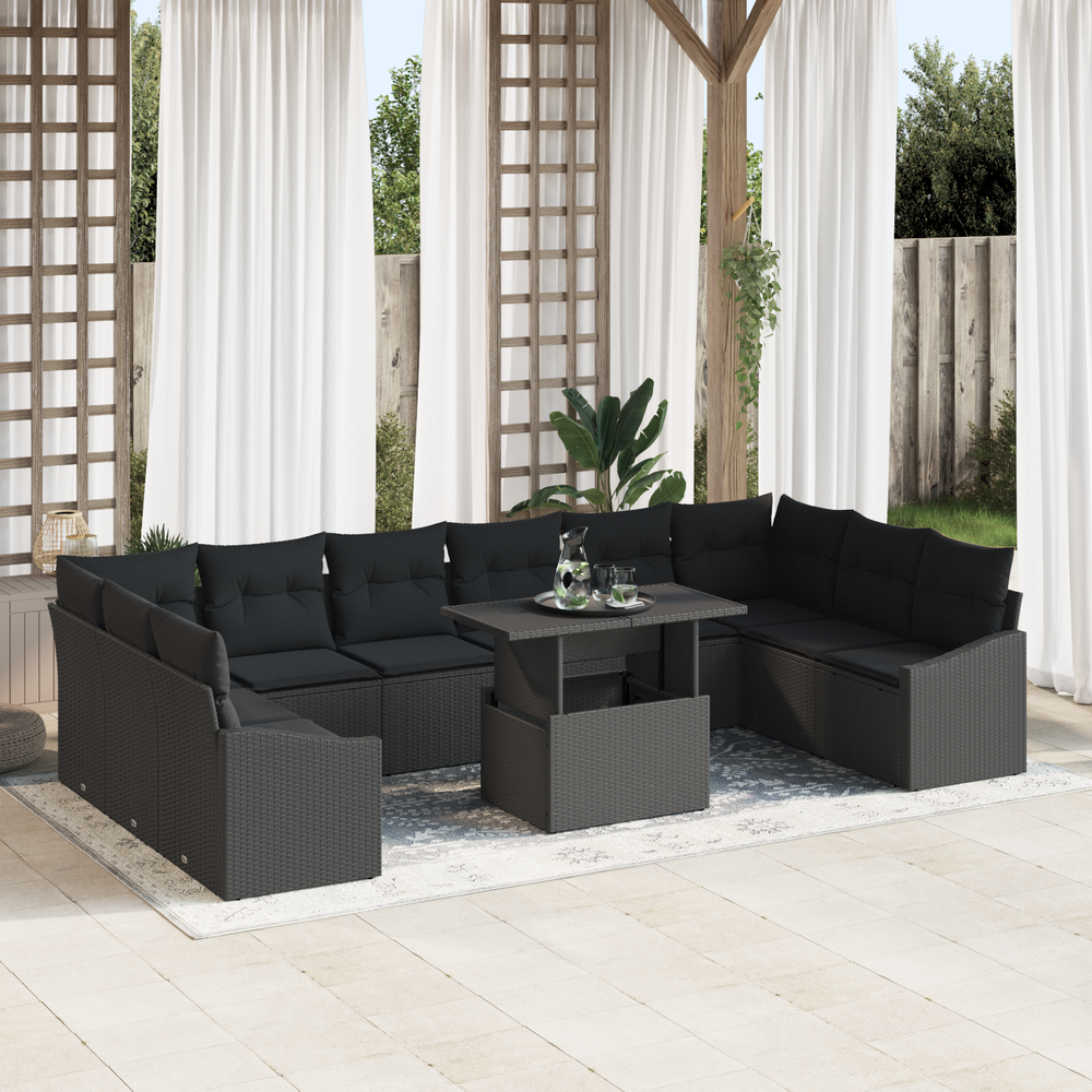 11-piece garden sofa set with cushions black poly rattan