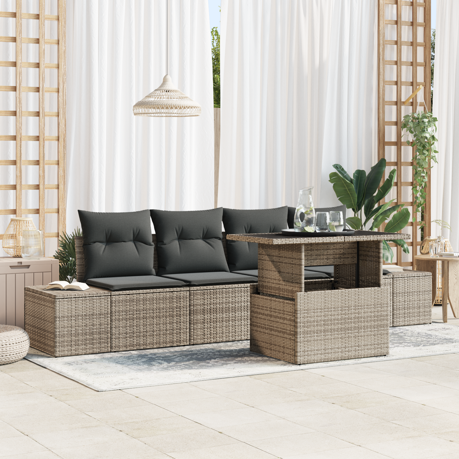 5 dalių sodų sofas komplektas su pagalvėlėmis pilkas poli ratanas