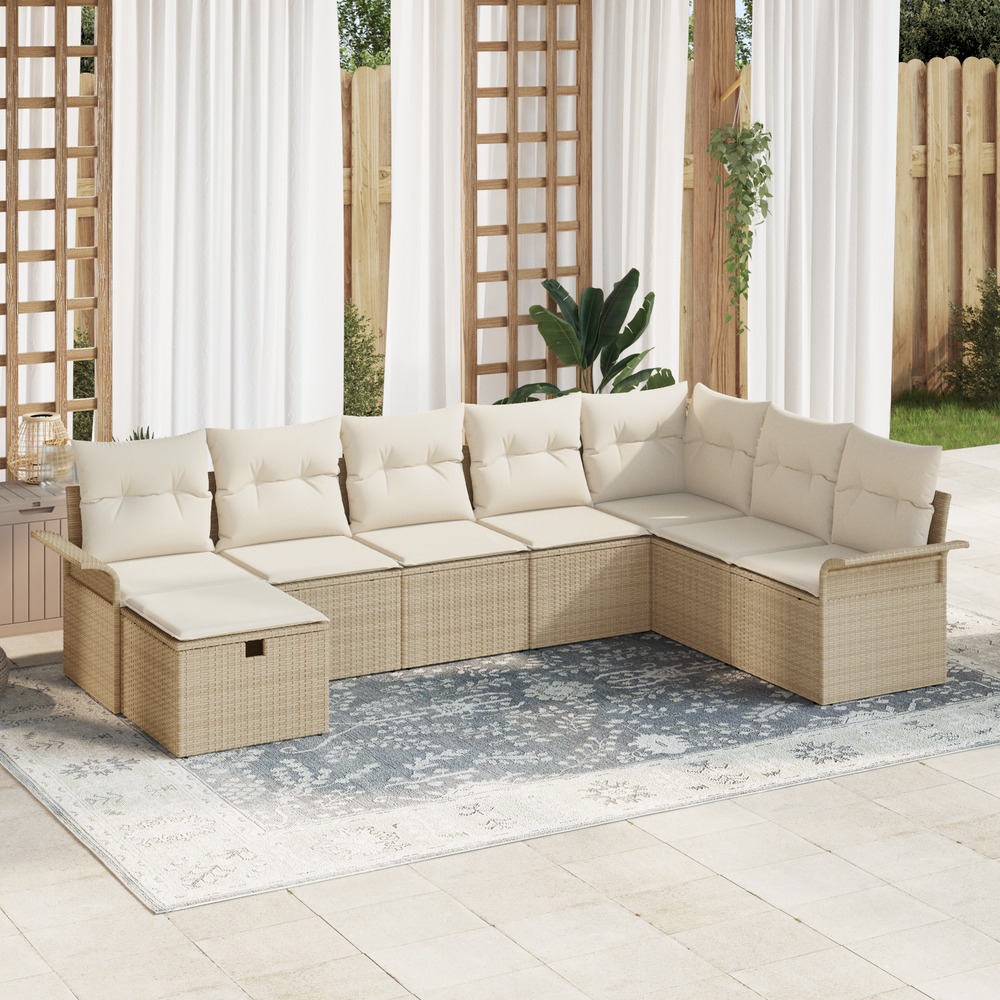 8-piece garden sofa set with cushions, sand-coloured, poly rattan
