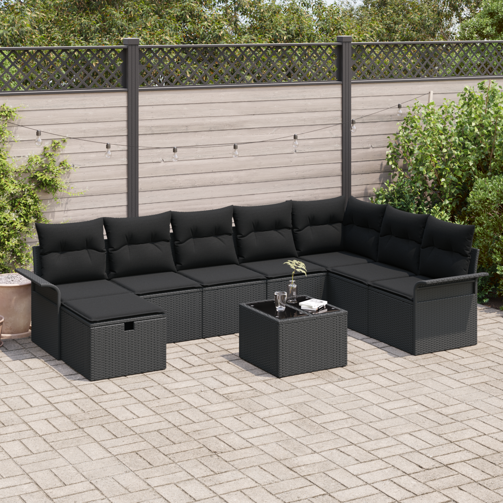 Sodo Sofų Rinkinys su pagalve 9 pcs Juoda poliratanas